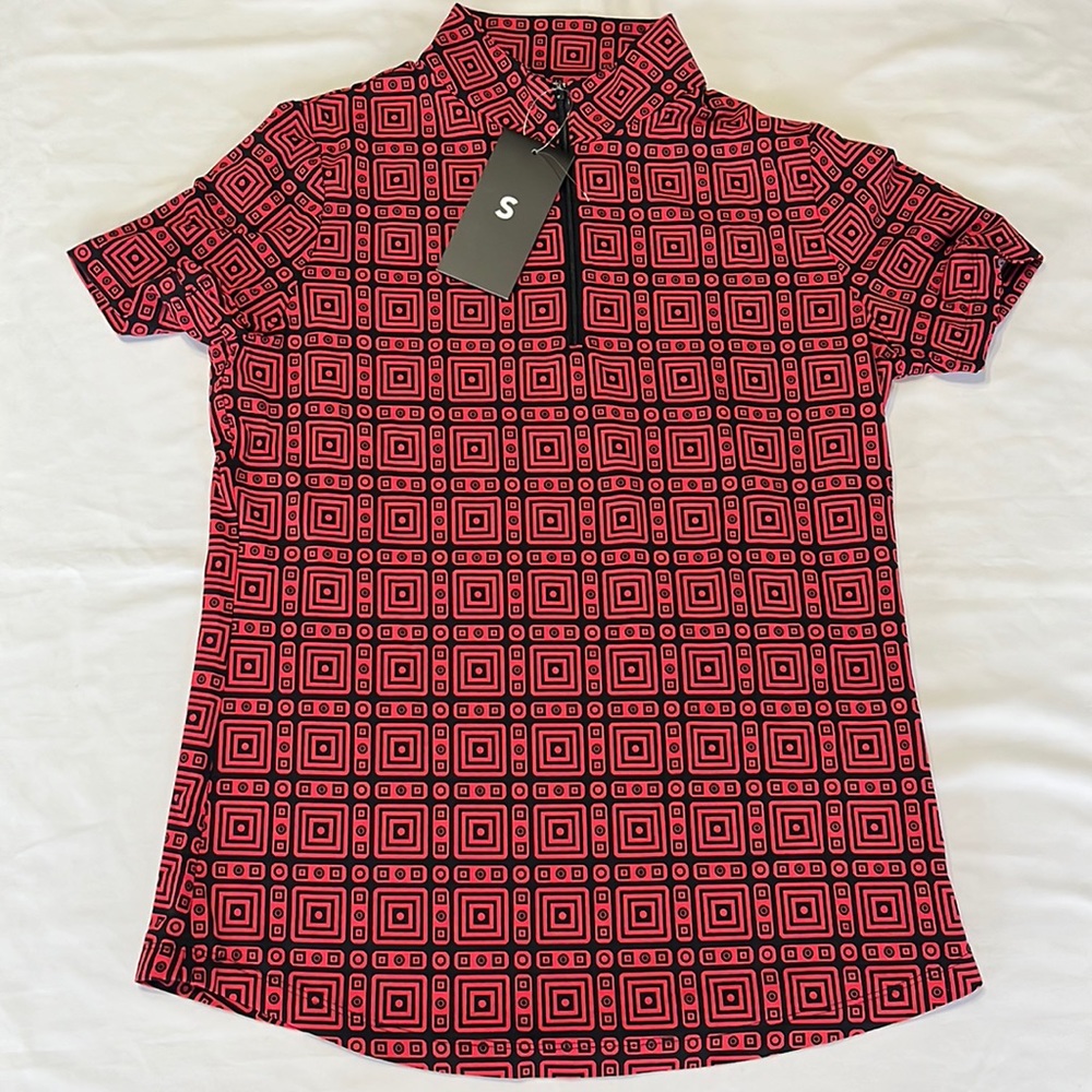 IBKUL Pricilla Short Sleeve Mock Neck Zip Red and Black Size S NWT